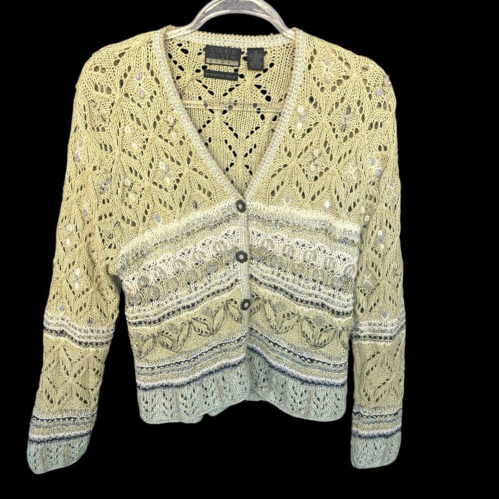 Sigrid Olsen Hand Knit Sweater Womens Medium Silk Ramie Rayon‎ Floral Open Knit
